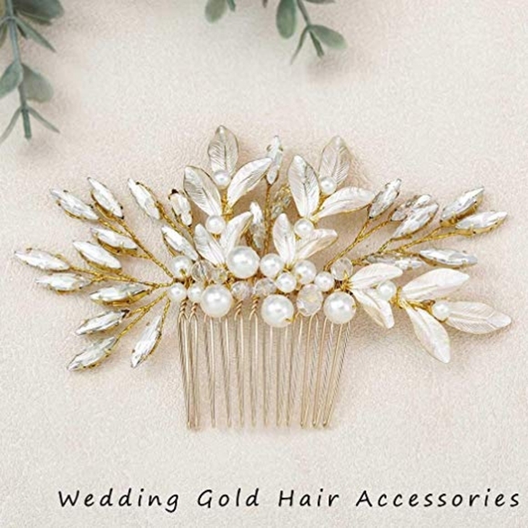 Gold Rhinestone Pearl Glam Wedding Hair Comb - Picture 4 of 5